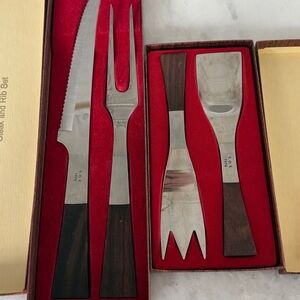 Vintage MCM Burnco Steak Rib Set & 4 Seasons Salad Set Carving Stainless Wood